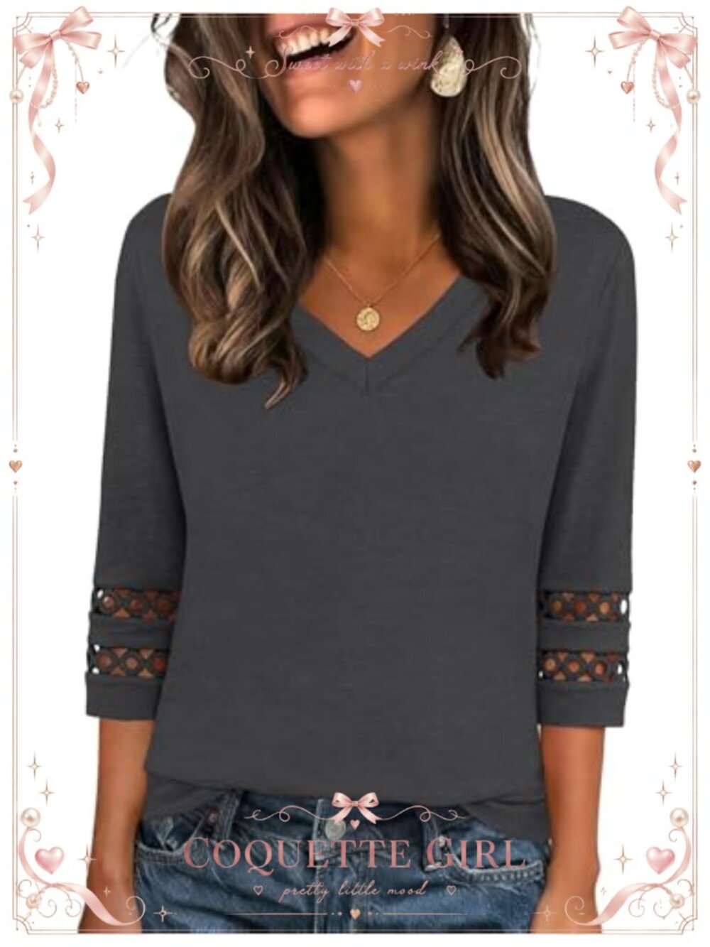 Womens Blouse 3/4 Eyelet Sleeve V Neck Dressy Casual Top Summer Workwear